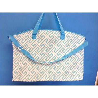 32587-AQUA/WHITE GREEK KEY DESIGN TRAVEL,BEACH OR SHOPPING TOTE